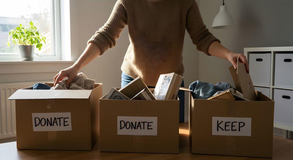 Sorting Belongings Into Donate and Keep Boxes before House Clearance