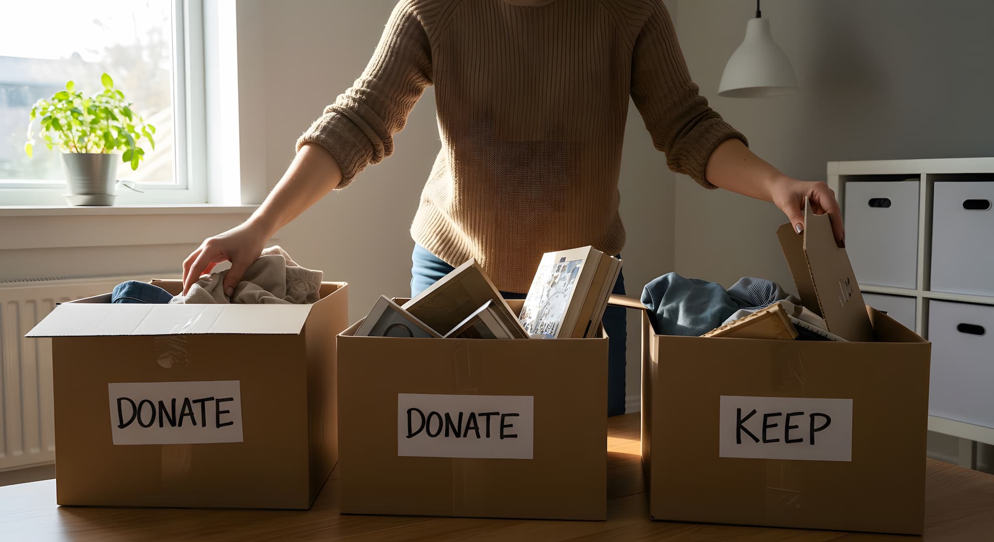 Sorting Belongings Into Donate and Keep Boxes before House Clearance